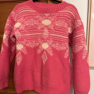 Vintage 100% wool pink meister hand knit sweater pink and white
